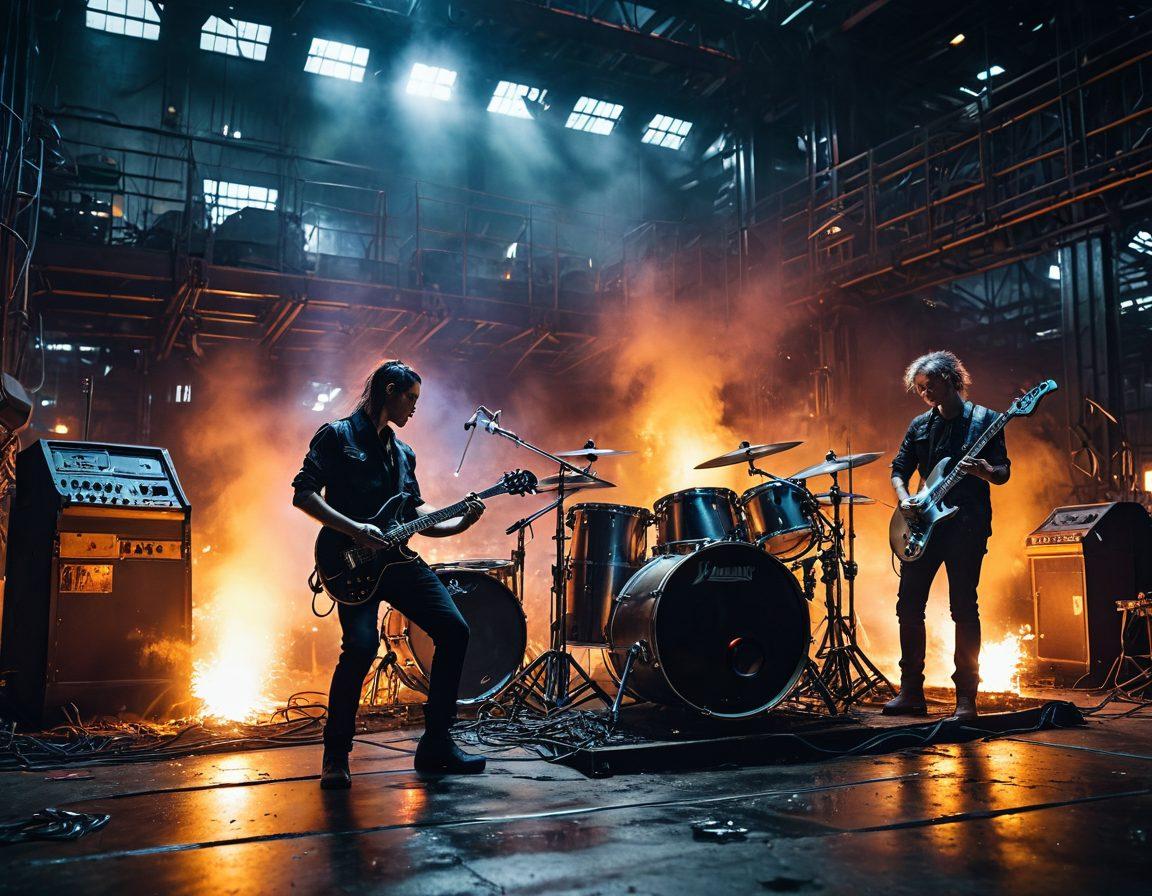 A dynamic scene juxtaposing a gritty, industrial steel factory with a high-energy metal band recording in a studio. The factory floor is alive with molten metal and flying sparks, while the band members passionately play their instruments, reflecting the raw power of steel manufacturing. The background transitions smoothly from the industrial to the creative, highlighting the inspiration process. Dramatic lighting capturing the intensity of both environments. Cyberpunk. Vibrant colors.