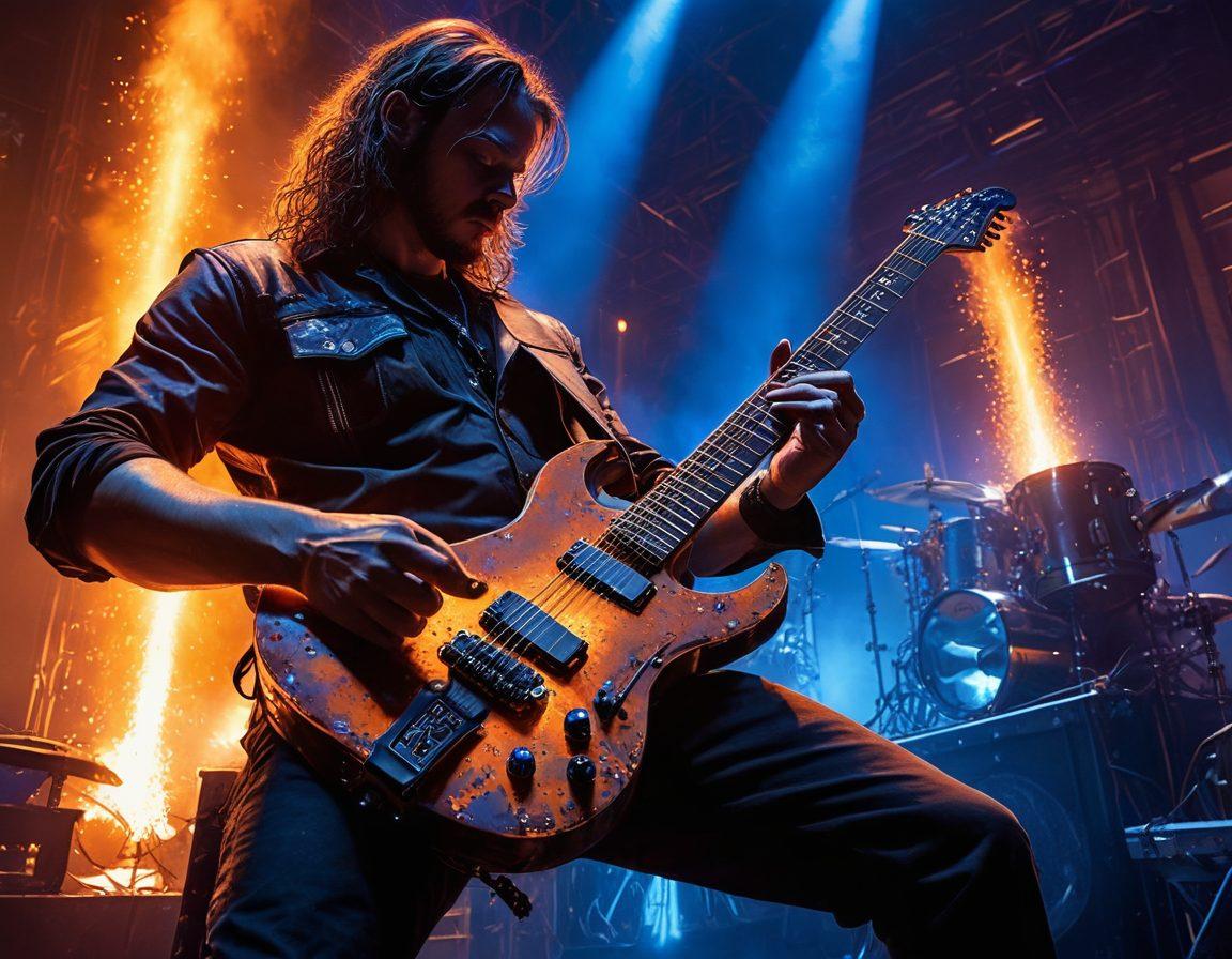 A powerful fusion of a colossal steel manufacturing plant and an electrifying heavy metal band on stage; molten metal pours in the background as the band, with guitars ablaze, plays amidst sparks and intense blue and orange stage lights; the raw energy of metalworking contrasts with the musical energy. epic, dynamic, super-realistic, vibrant colors.