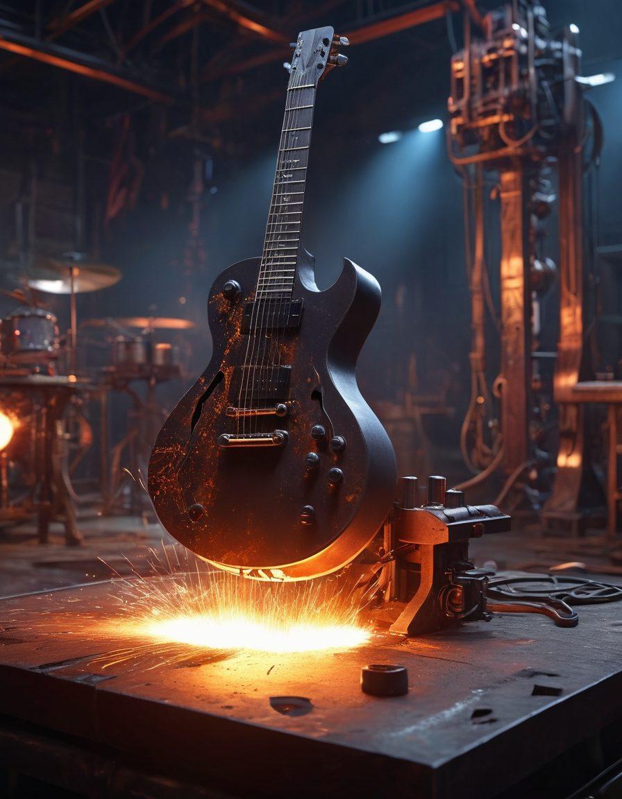 A dynamic scene of a futuristic blacksmith's forge with molten metal pouring into the shape of a guitar, surrounded by robotic arms, sparks flying, and energy currents. The background shows a concert stage with a heavy metal band performing, their music melded with the industrial machinery. Dark, intense colors with metallic and electric hues. super-realistic. vibrant colors. 3D.